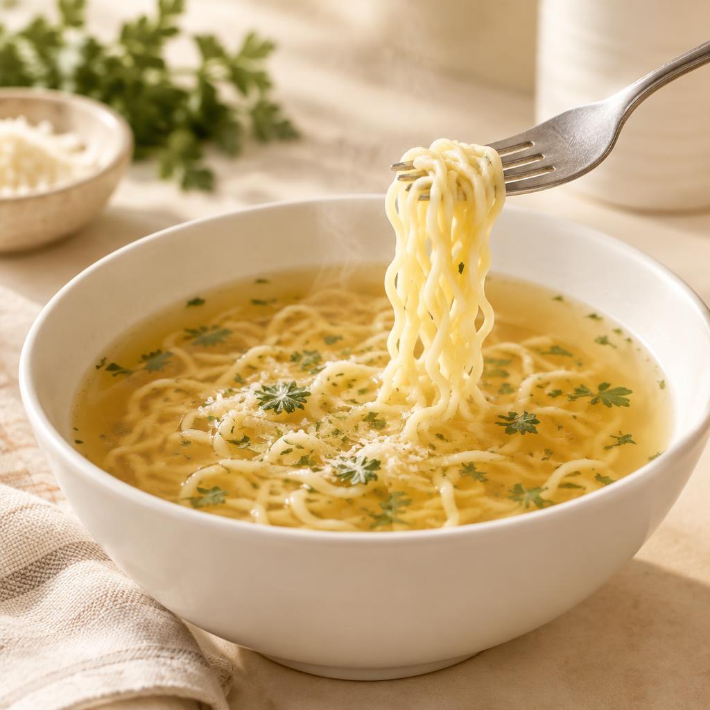 Garfo com macarrão estilo noodles em caldo leve e quente