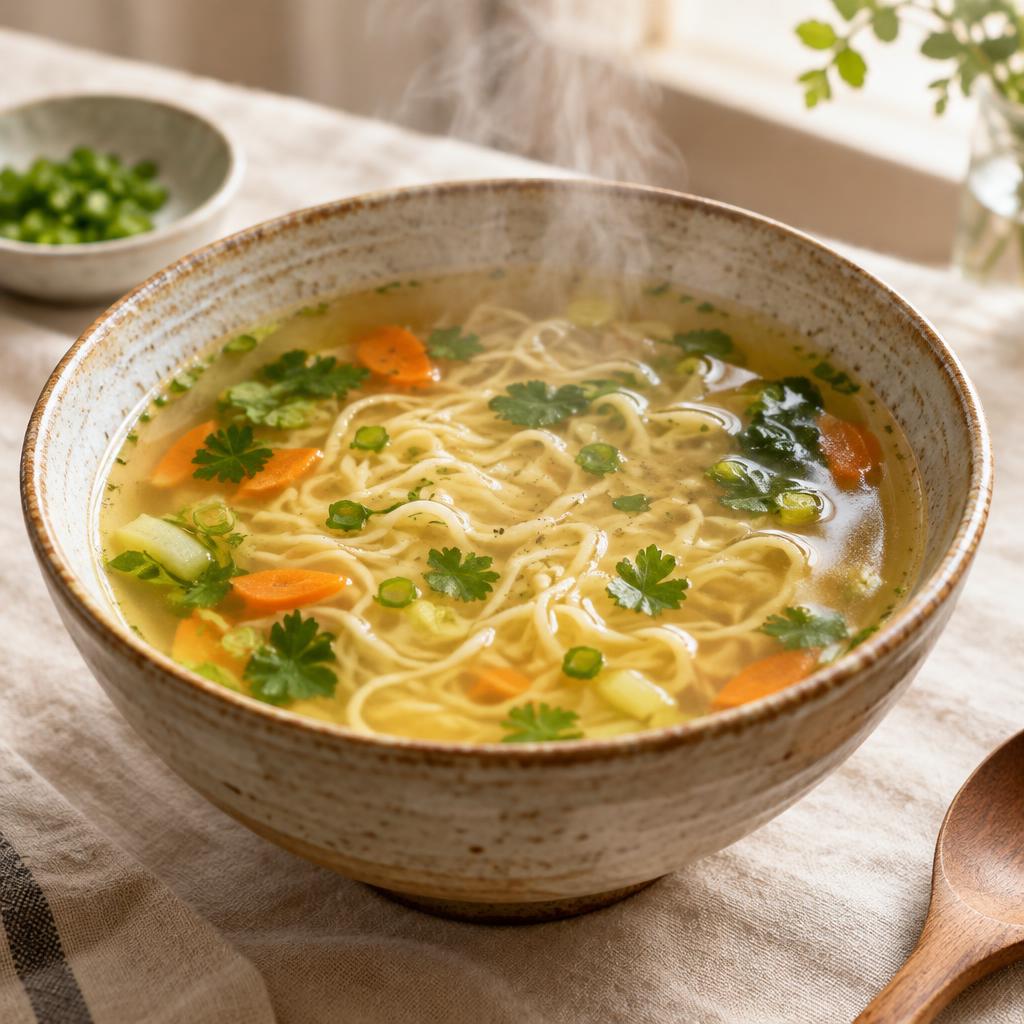 Tigela de macarrão estilo noodles em caldo leve com ervas